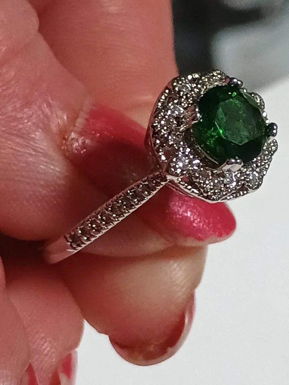 S925 Sterling Silver  Green CZ  Halo Cocktail Band Ring
